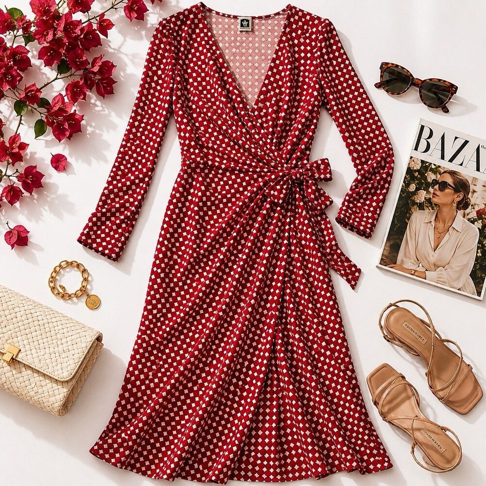 Anne Klein Burnt Orange White Wrap Dress Geometric Print Midi Church Dress S